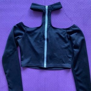 Off shoulder long sleeve shirt with choker-neck - black